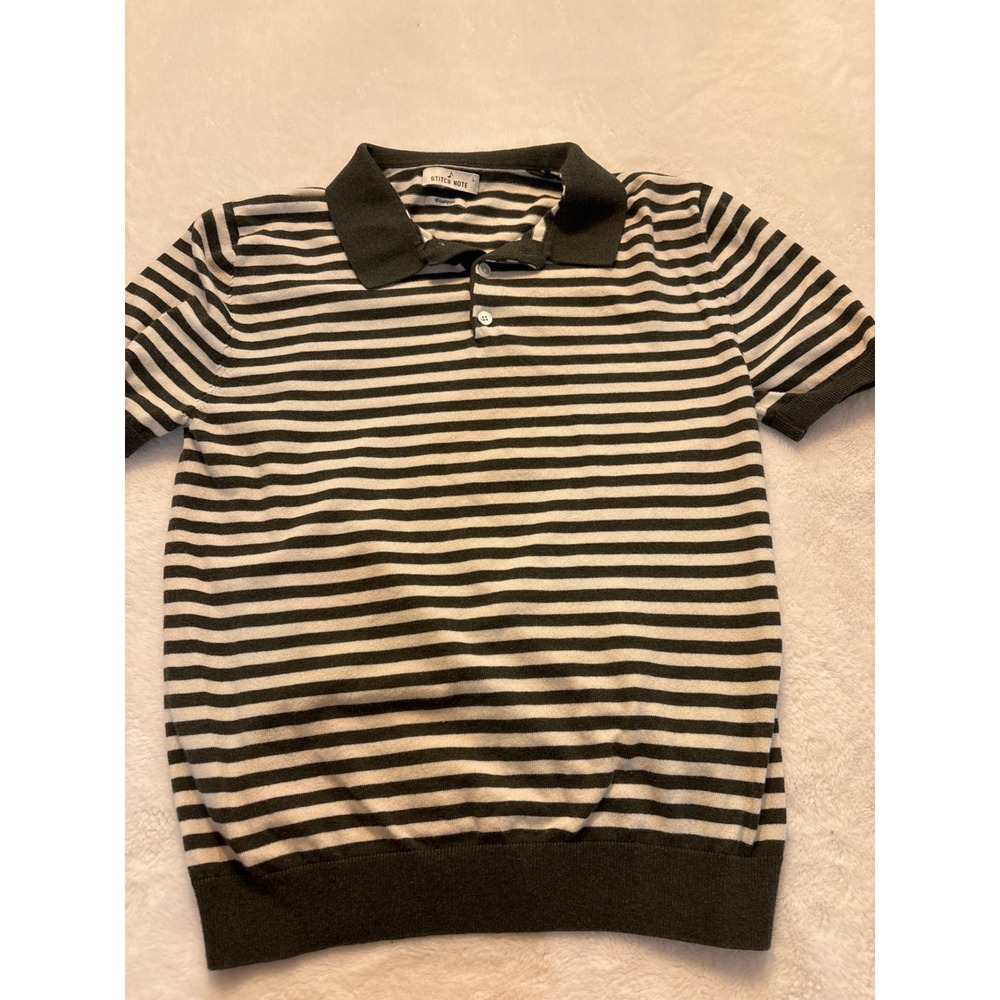Stitch Note Vintage Mens Large Olive Green Striped Knit Polo Shirt Short Sleeve